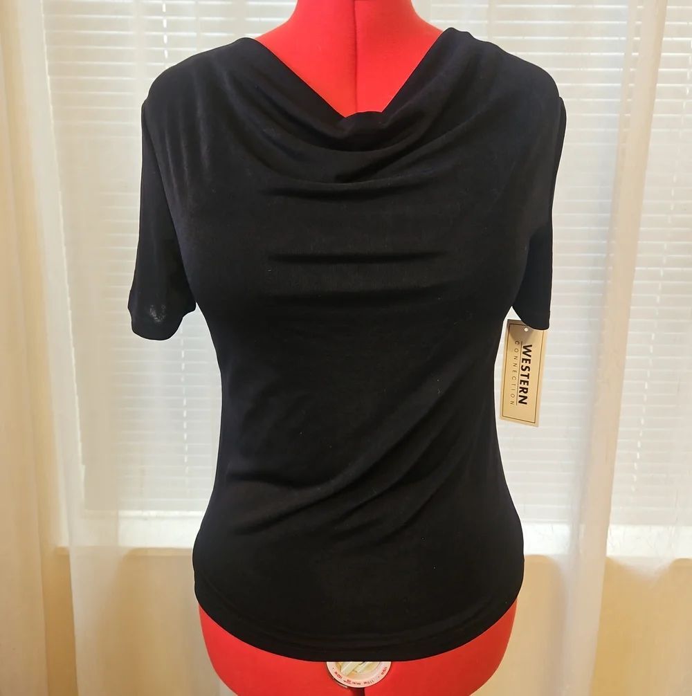 Western Connection Women's Black Cowl Neck Short-Sleeve Blouse Top
